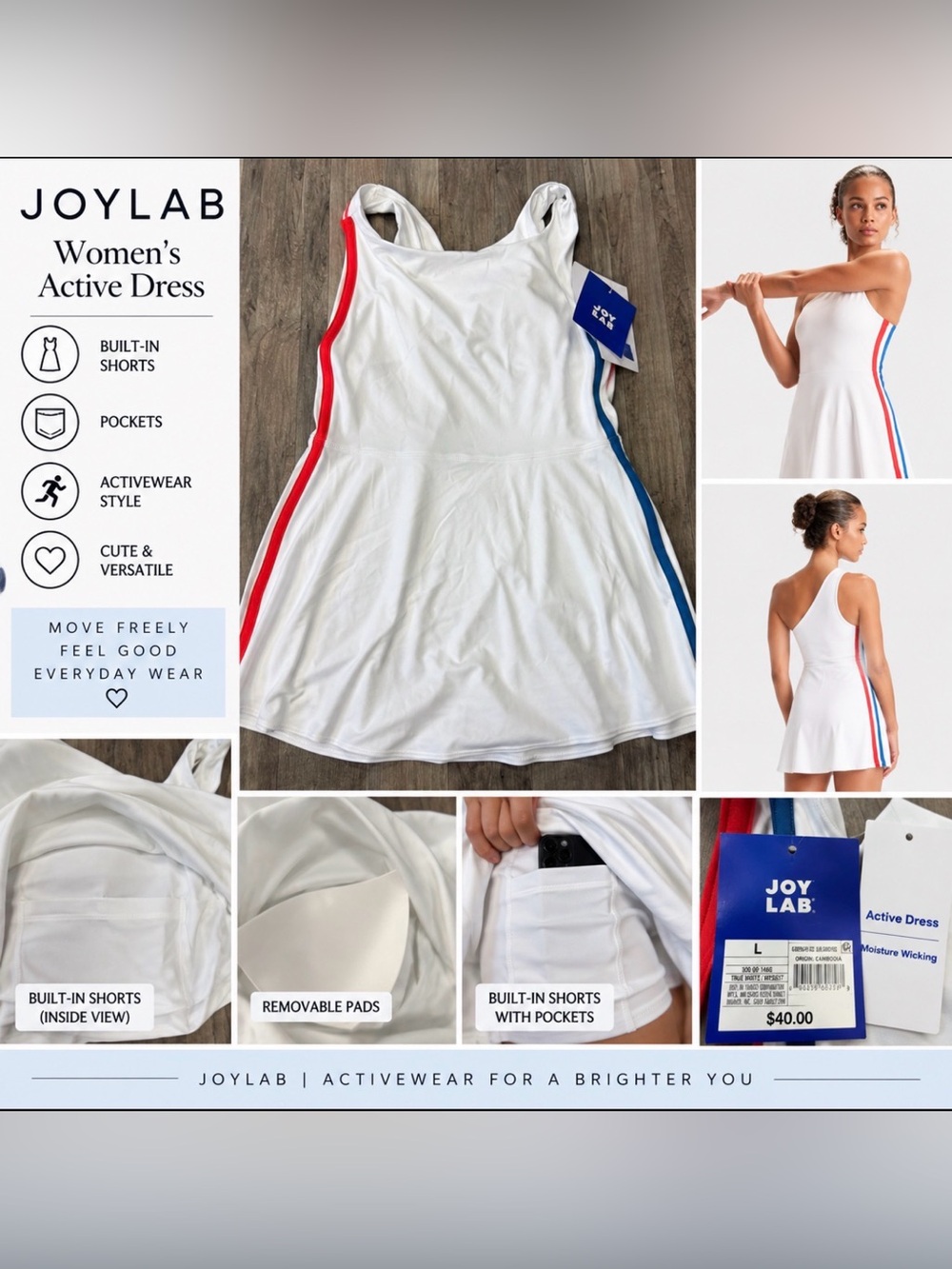 JoyLab Women’s Active Dress White Red & Blue Stripe Size Large NWT